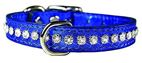 Image of Signature Leather Crystal Dog Collar, Metallic Blue Solid Grain Leather, Fits 11.5 inch-13.5 inch Neck Size, 16 inch Overall Length