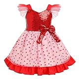 ABEHIK Kid Girls Heart Sequin Dress Valentine's Day Dresses Shiny Tulle Princess Flutter Sleeve Birthday Party Midi Dresses Easter Day Cake Smash Photo Shoot Outfit Red 18-24 Months