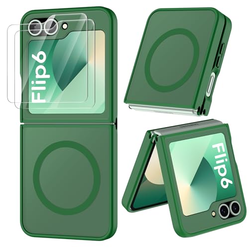 Image of ORETECH Magnetic for Samsung Galaxy Z Flip 7 FE Case Galaxy Z Flip 6, with [2 x Screen Protector] Translucent Back Non-Slip Shockproof Bumper Case for Galaxy Z Flip 7FE / 6 - Green | 2 Pack Screen Protector, Translucent Back Non-Slip Hard PC Shockproof Cover