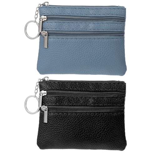 2 Pack Coin Purse Wallet with Keychain, Triple Zipper Card Holder Change Pouch Change Purse for Men and Women, Black and Navy