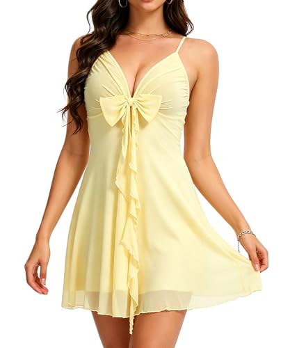 Image of Coloquin Women Sexy Sleeveless A Line Cami Mini Dress Flowy Ruffle Backless Y2k Party Going Out Dresses Sundress Yellow M