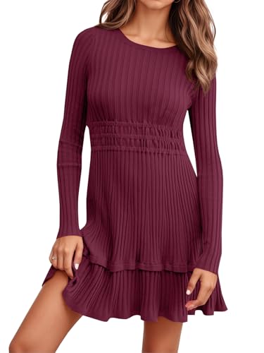 Wenrine Womens Long Sleeve Sweater Dress Casual Ribbed Knit Crewneck A Line Slim Fit Tiered Fall Mini Dresses
