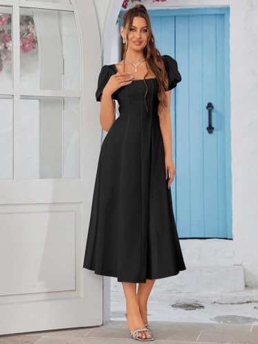 Vkihoc Women 2024 Summer Square Neck Puff Sleeve Smocked Midi Dress Flowy A Line Ruffle Casual Dresses Black M thumb #6