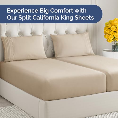 Image of Split California King Bed Sheet Set - 5 Piece Split Cal King Sheets - Wheat | Ultra-Soft, Breathable & Cooling - Comfy, Wrinkle & Fade Resistant - Fits 8 inch to 16 inch Inch Mattress with Deep Pockets