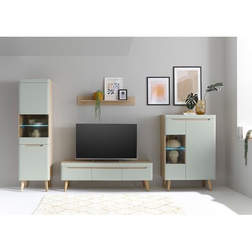 Lomadox Wohnwand in Grün Matt mit Eiche, 4-teilig, Standvitrine, Wandboard, TV-Lowboard, Vitrine Lomadox Wohnwand in Grün Matt mit Eiche, 4-teilig, Standvitrine, Wandboard, TV-Lowboard, Vitrine