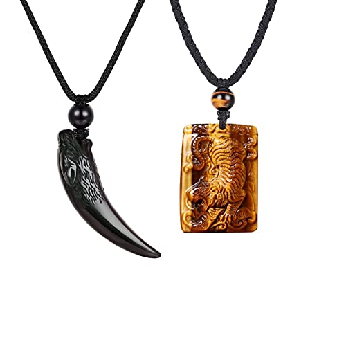 Mens Wolf Pendant and Tiger eye Necklace