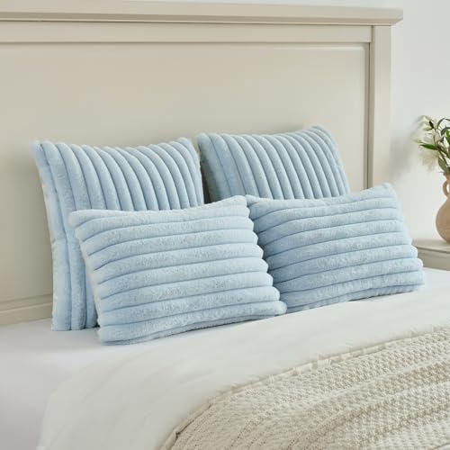 FUTEI Light Blue Striped Decorative Throw Pillow Covers 20x20 Inch Set of 2,Square Winter Decorations Couch Pillow Case,Soft Cozy Faux Rabbit Fur & Velvet Back,Modern Home Decor for Bed
