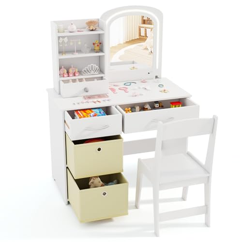 Image of HONEY JOY Kids Vanity, Little Girls Vanity Set with Mirror and Stool and Lights, Wooden Princess Makeup Dressing Table, Storage Box & Shelf, Pretend Play Kids Vanity Table and Chair Set(White)