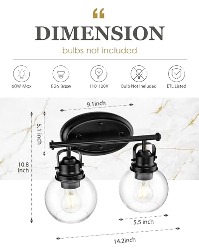 Image of Black Bathroom Light Fixtures, 2-Light 14 inch Vanity Lights with Clear Globe Glass Shades, Farmhouse Vintage Vanity Lighting Fixtures Over Mirror, E26 Base, AD-2147-2W-BK