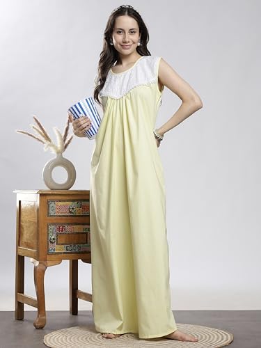 Image of 9shines Label Cotton Sleeveless Nighty | All Over Print Maxi Night wear for Women | Full Length Night Gown Night Dress for Women Stylish (Cotton Sleeveless 25)