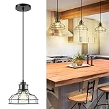 YKLITG Industrial Pendant Light, Matte Black Cage Hanging Light Fixtures with Clear Glass Shade, Island Light Fixtures for Kitchen, Island, Bedroom, Bathroom, Dining Room, Living Room, DD033-1-BK