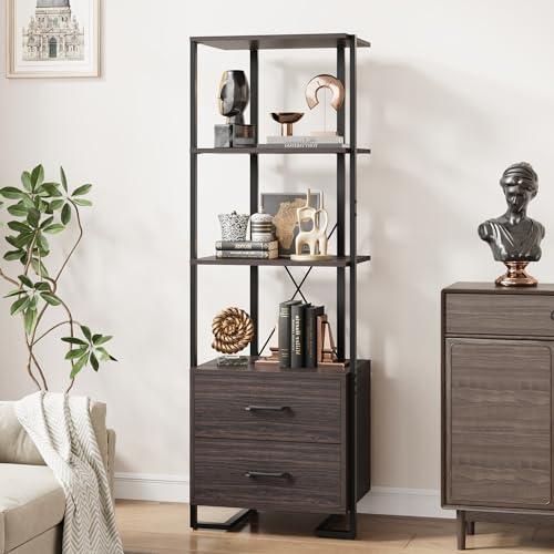 GAOMON 4 Tier Bookshelf with Storage Drawers,70.9 Inch Tall Industrial Book Shelf with Open Display Shelves,4 Shelf Bookcase with Metal Frame for Living Room, Bedroom,Office