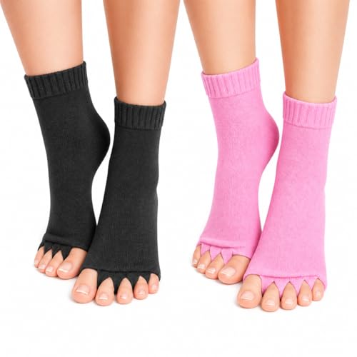 Image of Foot Alignment Orthopedic Cotton Socks for Men & Women | Five Toe Separator | Foot Pain Relief | Bunion Corrector | Plantar Fasciitis Support |Free Size | Dark Grey -BabyPink | 2 Pair | UK8-11