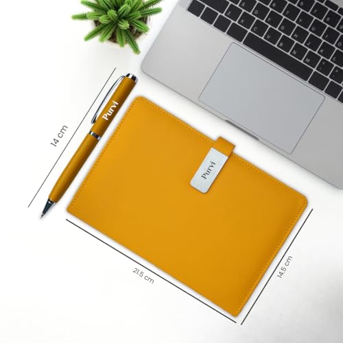 Image of Giftana Personalized Notebook Diary with Pen Gift Set for Men and Women, 2 in 1 Customized Office Diaries A5 Size Notebook, Diwali Gifts, Personalised New Year Corporate Gifts for Employees (Yellow)
