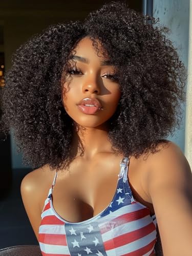 Image of KLAIYI Bye Bye Slip Afro Kinky Curly Precut 7x5Lace Front Wigs Human Hair Glueless Pre Plucked Bleached Knots Drawstring Bouncy Curls Ready to Wear and Go Wig with Finger Coil Ends 180%Density 18Inch