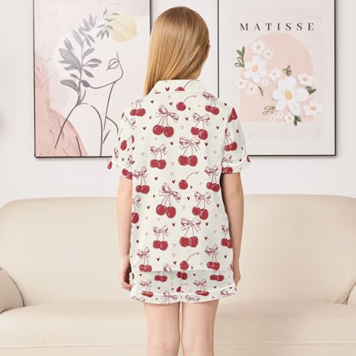 Red Bow Cherry Love Pattern Summer Satin Pajama Set, Cute Button-Down Sleepwear Pj Set for Sleep Wears4