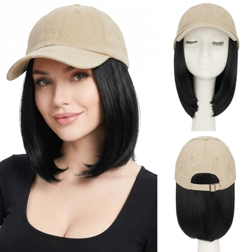 SEGO Unisex Vintage Baseball Cap with Hair Extensions for Women Synthetic Hair Attached Short Straight Hairpiece Khaki Baseball Cap Wig Adjustable Hat Wigs for Women 6 Inch 1A Black