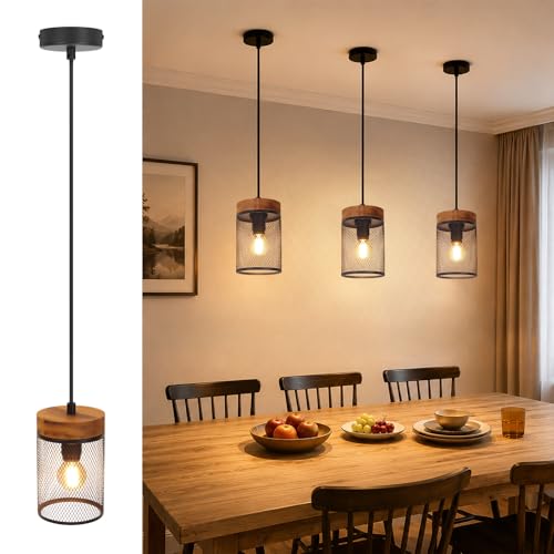 ZMH Suspension vintage pour table à manger, noire - Lampe suspendue en bois, culot E14, style industriel, lampe de table à manger à 1 ampoule avec abat-jour...