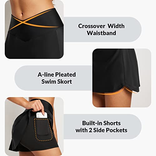 baleaf Women's Swim Skirt Bottoms High Waisted Pleated Skorts Boxer Liner with Pockets Swimsuits3