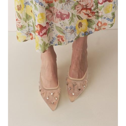 Image of Women Kitten Heel Mules Crystal Flower Decor Mesh Pointed Toe Low Heel Casual Pumps