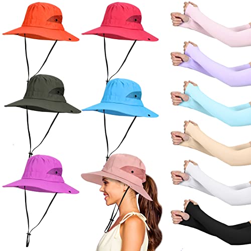 12 Pcs Women Uv Protection Set Wide-Brim Sun Hat With Ponytail-Hole Cooling Arm Sleeves For Summer Outdoor Fishing Activity (Lovely) #TOP19