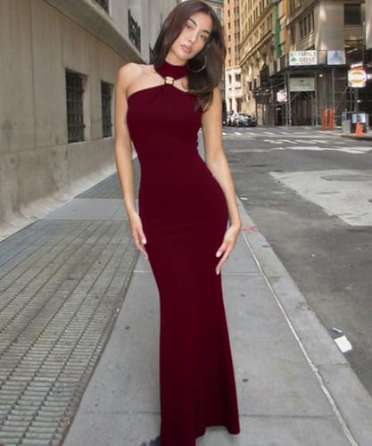 Image of ABINGOO Women Sexy Halter High Neck Maxi Dress Sleeveless Back Slit Elegant Party Cocktail Wedding Guest Formal Long Dresses