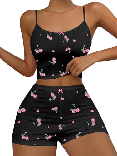 Image of Hilinker Women's 2 Piece Fruit Pajama Set Ribbed Cami Top and Shorts Sleepwear Cute Pjs Black Pink Cherry X-Large