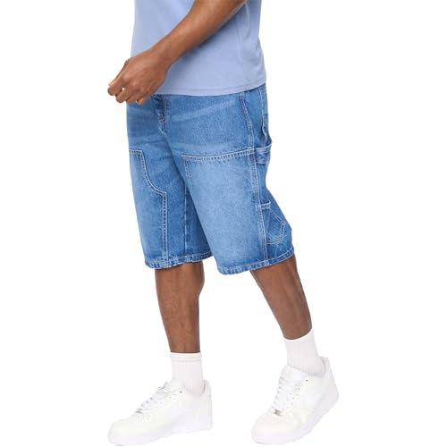 Crosshatch Mens Baggy Denim Cargo Shorts Denim Half Pants Jeans Cotton Casual Straight Regular Fit Loose Below Knee Combat Shorts, Mid Wash, 36W