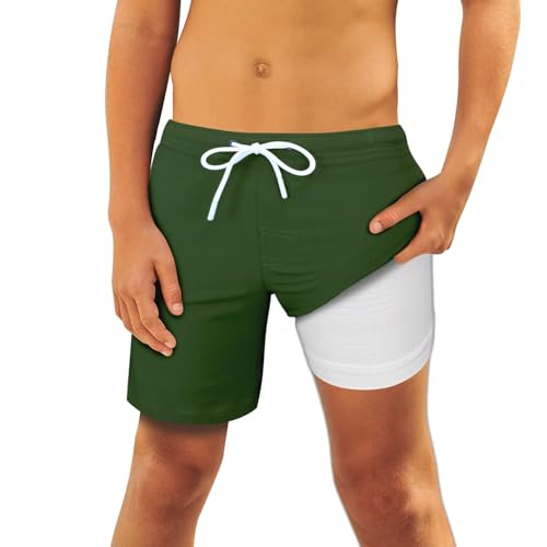 QRANSS Boys Compression Swim Shorts 6'' Inseam fair Harbor Swim Trunks with Liner Little Boy Boardshorts with Compression Liner Army Green