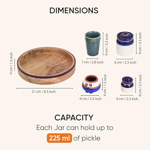 Image of Aakriti Art Creations Pickle Pallet Set of 4 with Teak Wood Tray | Ceramic Achar ki Barni & Mukhwas Box | Handcrafted Abstract Art Storage Jar for Spice & Pickle | Traditional Achaar Barni for Kitchen