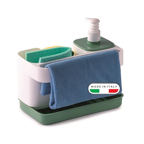 Snips Riordinello - Dispenser Sapone Cucina e Bagno 3in1, Set Porta Spugne Lavello Cucina, Porta Sapone Dosatore 400ml e Strofinacci, Organizer Lavello Salvaspazio 21x12x18 Made in Italy, Bianco/Verde