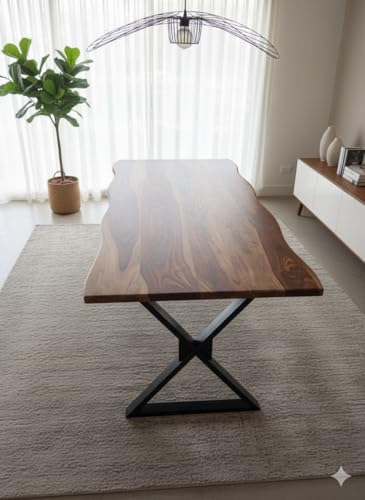 Image of REDWOOD Wooden 4 Seater Dining Table Only Cariboo | 57x28 Inch Rectangular Live Edge Dinner Table Without Chairs for Home, Office, Hotel & Restaurant | Natural Finish, Black X Shaped Metal Legs