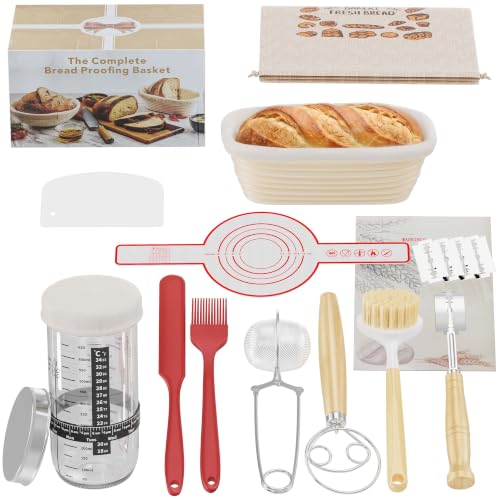 Kit de Démarrage au Levain, Kit Complet de Levain Naturel avec Banneton Ovale en Rotin Artisanal, Pot à Levain, Accessoires pour la Fabrication de Pain (Kit de démarrage pour pain 11 pièces)