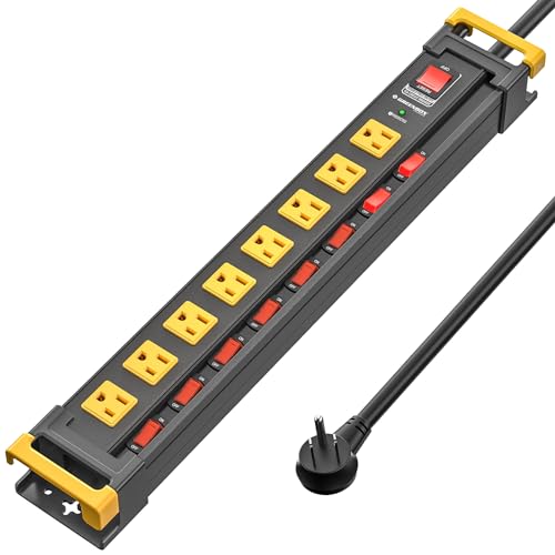 8 Outlet Heavy Duty Power Strip with Individual Switches,3300J Metal Surge Protector Power Strip with Flat Plug, 15A Circuit Breaker,Wide Spaced,Cord Management,15A/1875W,6Ft Cord