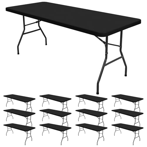 12 Pack Stretch Fabric Table Top Cap Cover, fits 6FT Tables, Black Spandex Table Covers Elastic Universal Rectangle Tablecloth Protector for Indoor Outdoor Party Picnic (Black, 30