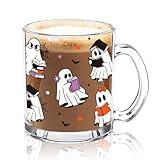 Whaline Halloween Ghost Glass Coffee Mugs with Handle 12 Oz Cute Spooky Coffee Cups Ghost and Book Beverage Mugs for Hot Cold Drinks Home Holiday Party