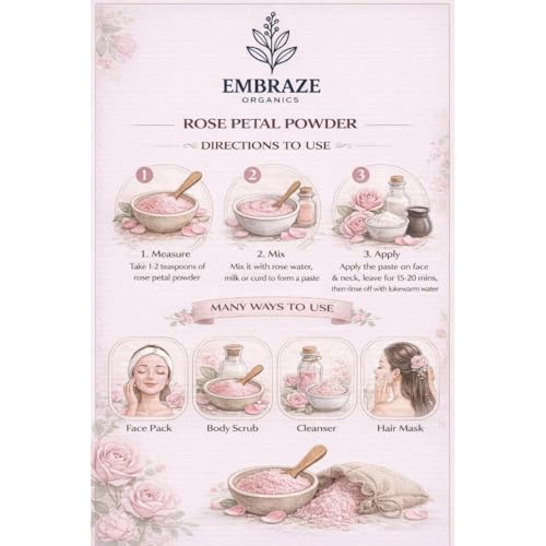 Image of Embrace Organics Rose Petal Powder for Skin Care | 100% Pure Natural Face Pack | Hydrating, Soothing & Skin Brightening | Herbal Powder for Glowing Skin (100g)