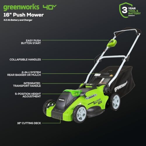 Image of Greenworks 40V 16 inch (Push) Cordless Lawn Mower (1 /3 Acre) + 12 inch String Trimmer + Leaf Blower, 4.0Ah + 2.0Ah Batteries and (2) Chargers Included