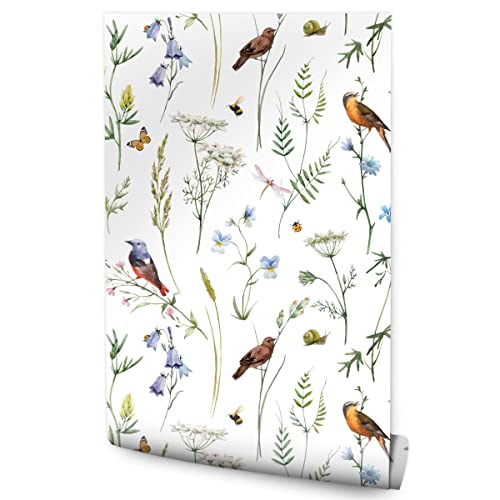 Muralo Vlies Tapete 10m Tapeten Rollen VÖGEL Blumen Blätter Insekten Natur Dekor XXL Vliestapete 1000 x 53cm Wand Tapete Esszimmer Wohnzimmer Schlafzimmer Moderne Muster Wand Dekoration