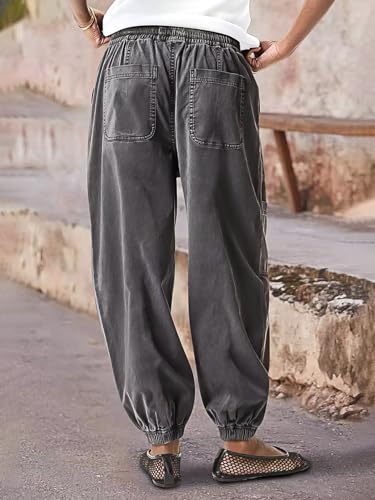 Flamingals Women's Straight Leg Pants High Rise Barrel Leg Cargo Drawstring Multi Pockets Cropped Jogger Pants3