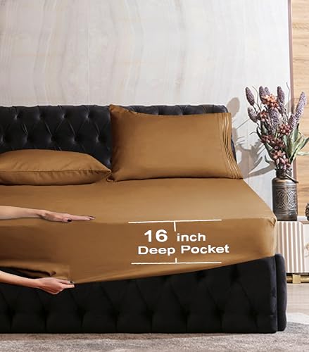 Image of Mocassi Cali King Sheet Set - Luxury Hotel 1800 Premier Bedding Sheets & Pillowcases - Ultra Soft Breathable & Cooling Bed Sheet Set - Wrinkle Resistant - 4 Piece - California King, Light Brown