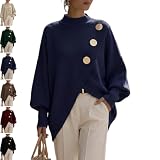 Women's Mock Neck Asymmetrical Knit Sweater with Gold Decor Buttons (Dark Blue,Large)