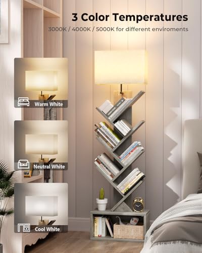 Image of Evermagin 6 Tier Tree Bookshelf with Light, Narrow Bookcase Tower, Tall Floor Standing Book Shelf Organizer with Storage Cabinet for Living Room, Bedroom and Home Office, Gray
