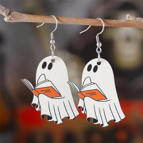 Halloween Ghost Earrings Wooden Cute Smile Spirit Pumpkin Bowknot Book Lightweight Sparkly Stud Earrings for Women Cosplay Costumes Jewelry4