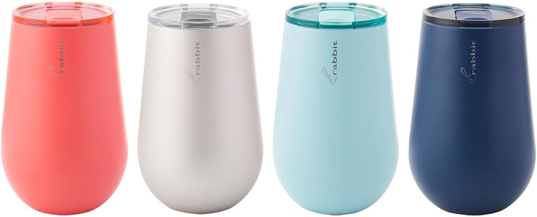Rabbit 12 Fl. Oz. Stainless Steel Tumblers, (Set of 4) – Insulated Travel Mugs with Spill-Free Lid, Double-Wall Vacuum-Sealed Tumblers for Hot and Cold Beverages, Eco-Friendly Reusable Drinkware