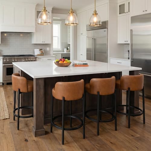 Ya-Home Moderno Set de 2 Butacos de Bar de 26 Pulgadas, Asiento Redondo Tapizado en Cuero PU Marrón con Patas de Metal Negro para Cocina o Comedor miniatura 5