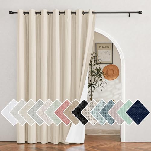 Image of NICETOWN Cream Sliding Door Linen Blackout Curtain for Room Divider