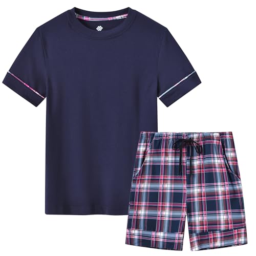 MoFiz Jungen Schlafanzug Kurz Kinder Pyjama-Set Weich Niedlich Kurzarm Shirt und Karierte Schlafhose Kurz Nachtwäsche Hausanzug Set Marineblau Größe XL (DE 164-176)