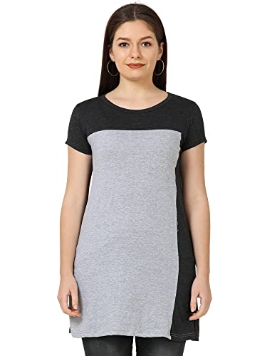 Image of FLEXIMAA Women's Cotton Round Neck Color Block Half Sleeve Long Top