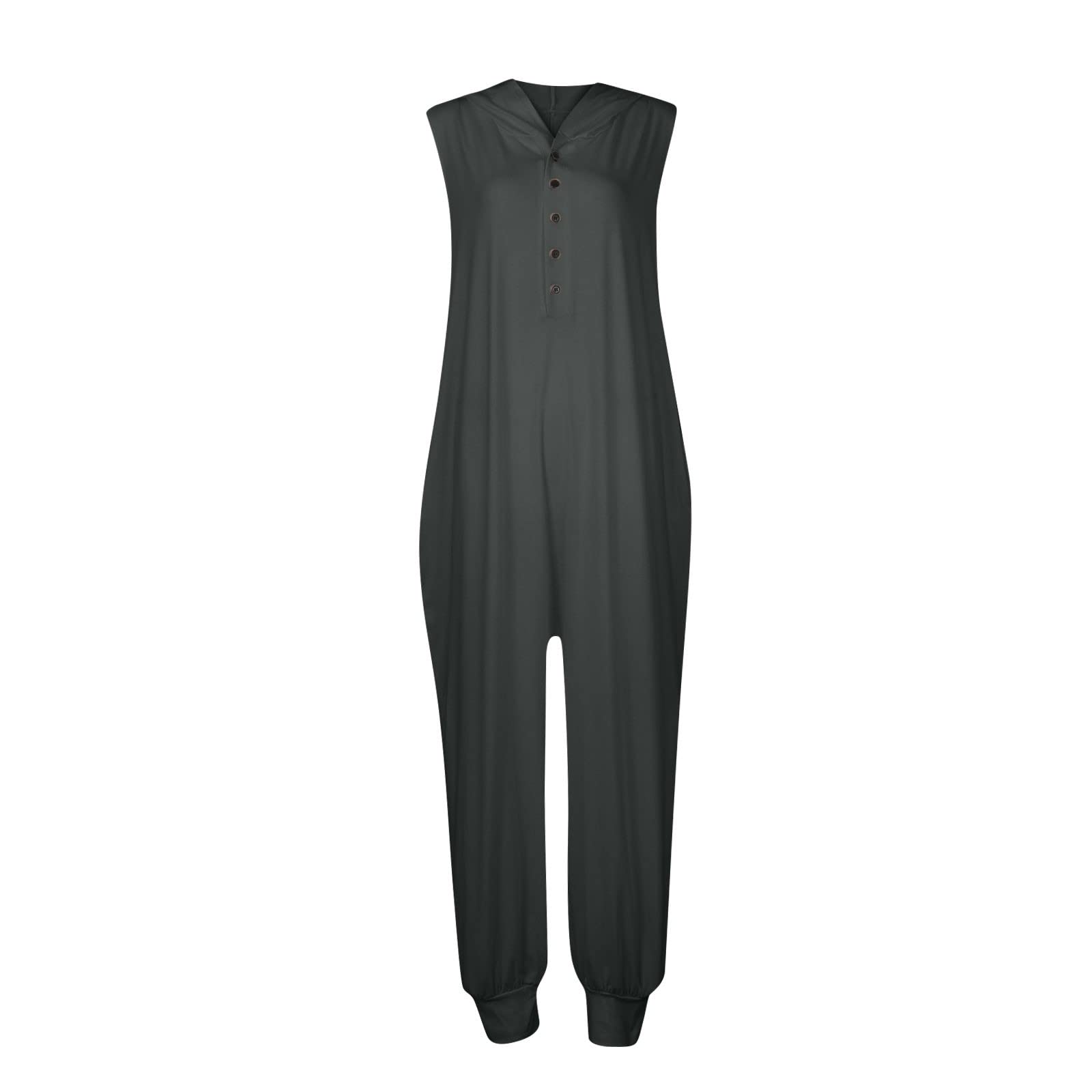 Mono casual con capucha para mujer, pantalones de peto holgados de verano, sin mangas, monocolor, holgado, con botones, traje informal ligero de una pieza